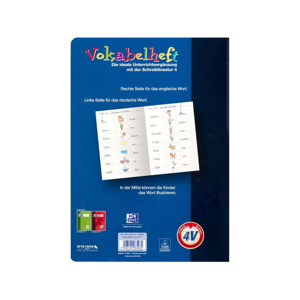 Vokabelheft, Vokabelheft Deutsch-Englisch, Schreibheft, Kartenlayout, 4 Spalten
