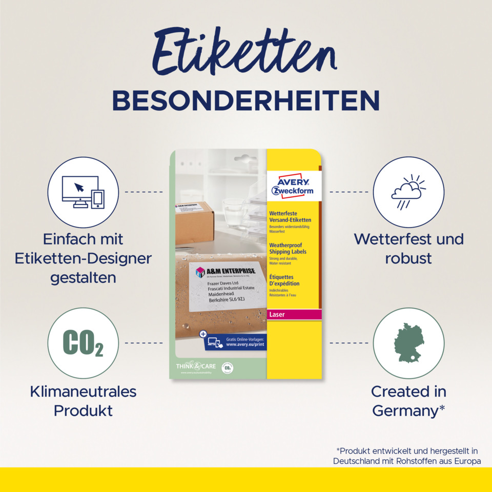 Etiketten, Klebebild, Wetterfest, Klimaneutral, Deutschland, Etiketten, Wetterfest, Klimaneutral, Made in Germany, Kartonage