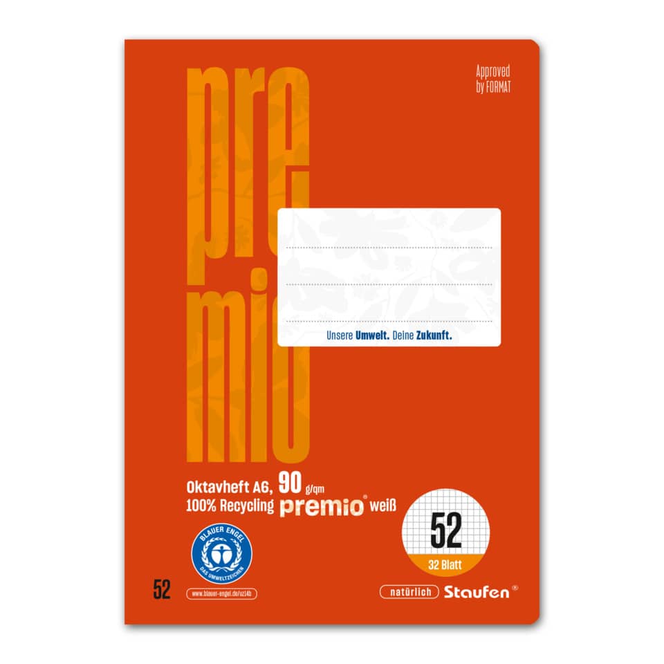 orange notebook, spiral bound, 52 sheets, recycling paper, white label