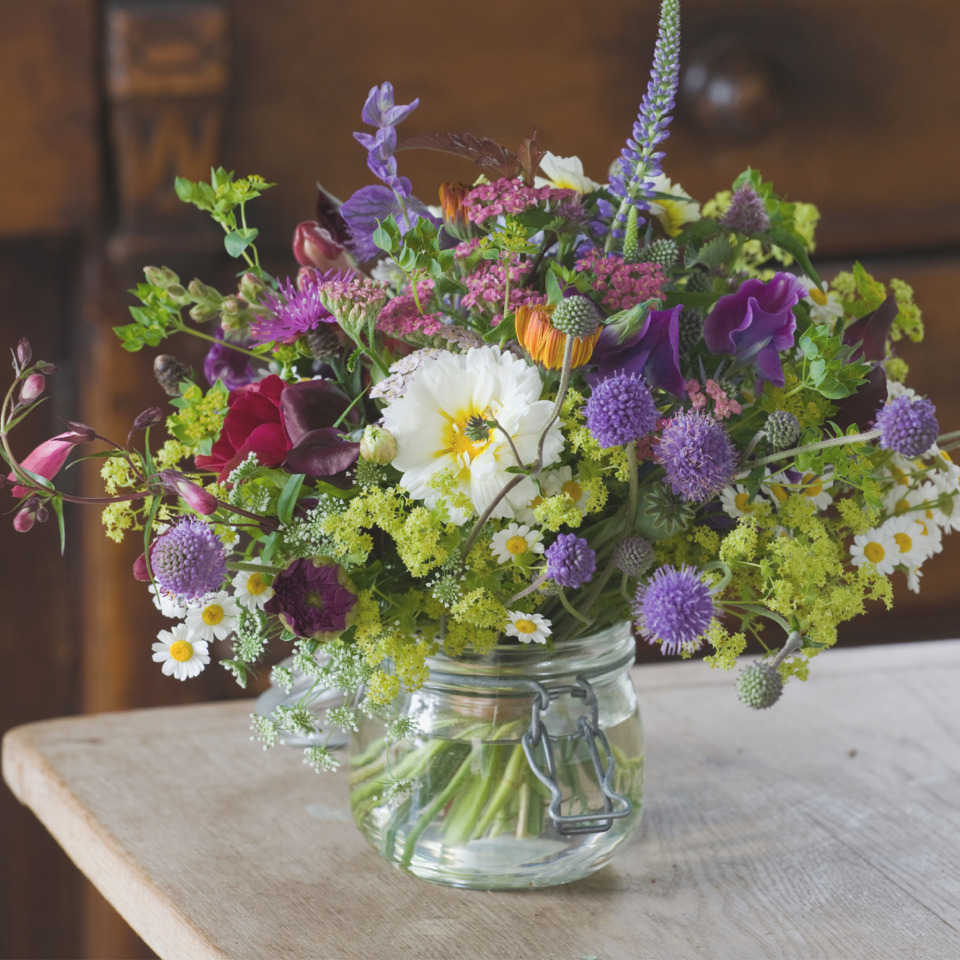 blumenstrauß, glasvasen, bunt, wildblumen, stielblumen