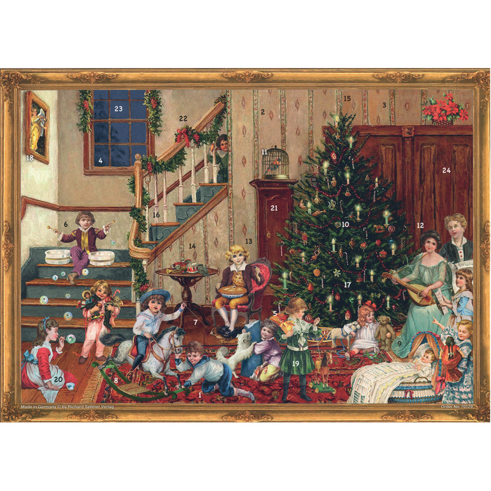 Weihnachtskalender, Familienwohnzimmer, Weihnachtsbaum, Kinder spielen, Adventskalender