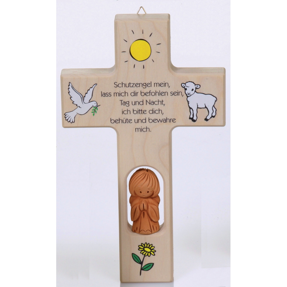 Holzkreuz, Christusfigur, Kindermotiv, Blume, Sonnenmotiv