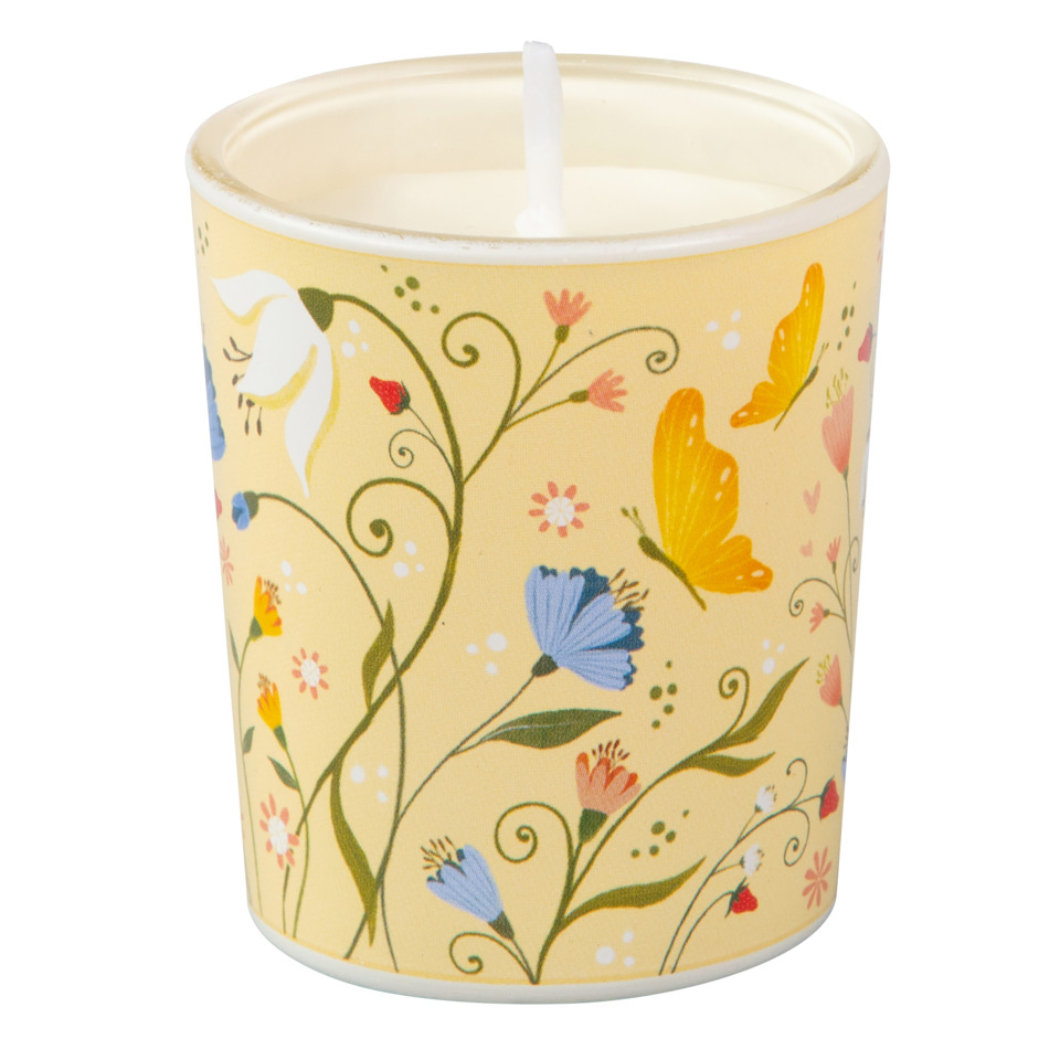 Kerze, Votivkerze, Dekoration, Blumenmuster, Gelb