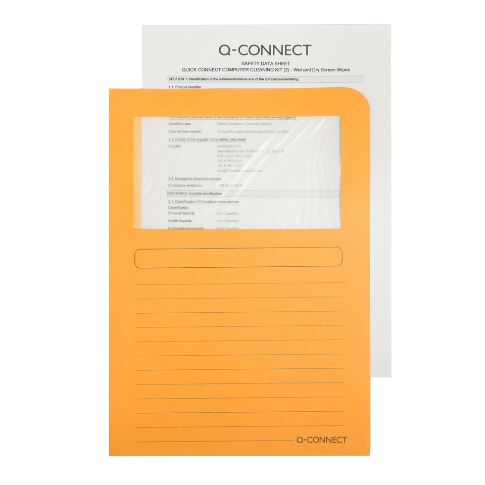 orange folder, document sheet, safety data sheet, transparent window, lined pages