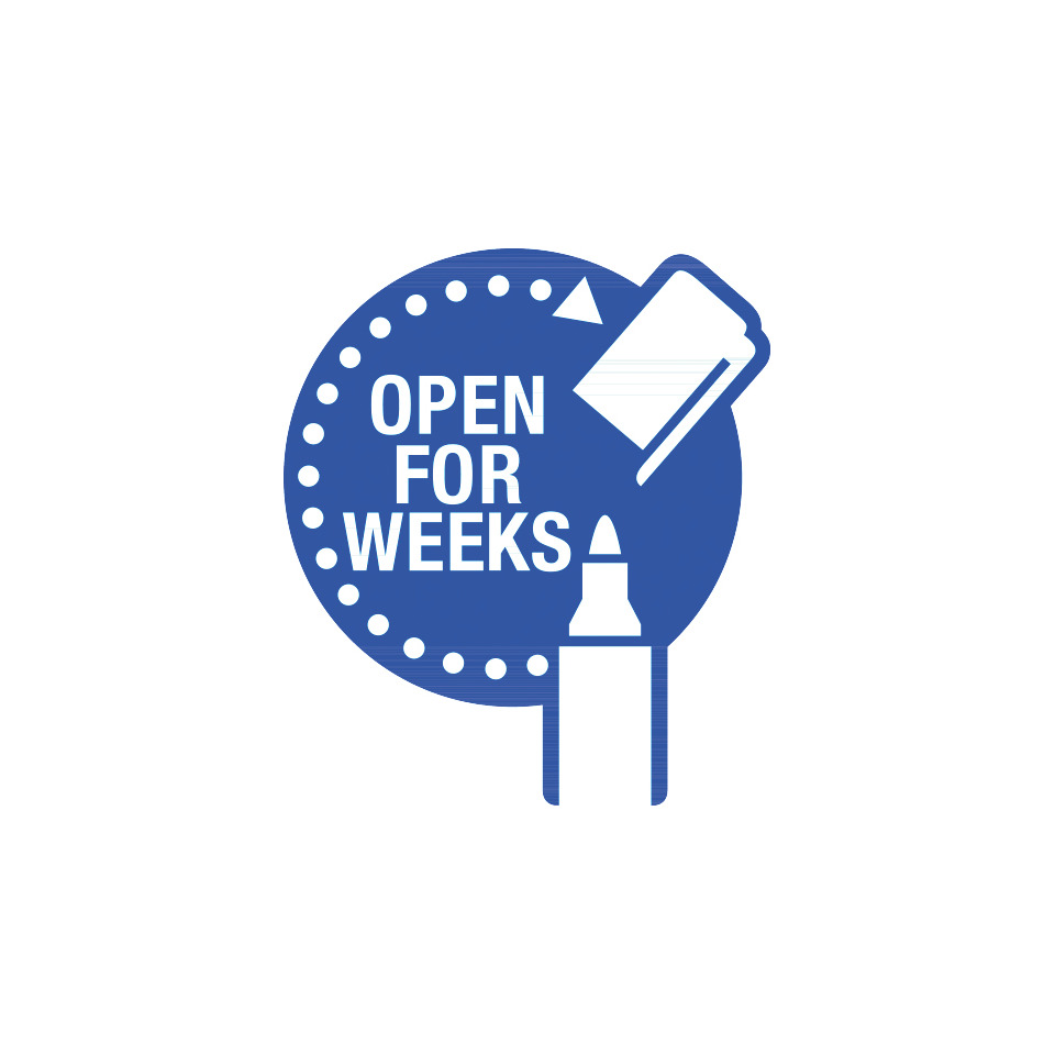 Open for weeks Sticker, Sticker Abzeichen, Blauer runder Aufkleber, weißer Text, Kartenhülle Symbol, Marketing-Icon