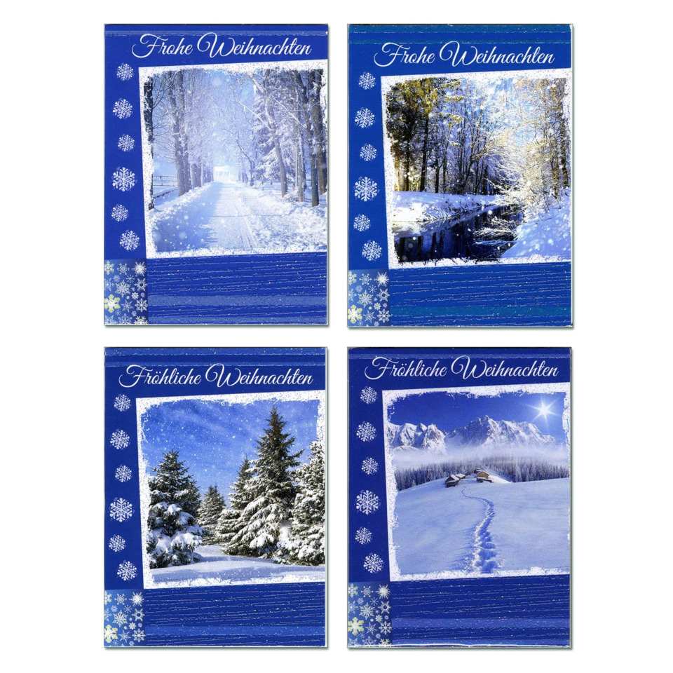 weihnachtskarte, winterlandschaft, schnee, baumlandschaft, blauer rahmen