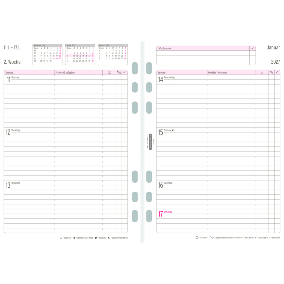 Kalender, Wöchentliche Seite, Januar 2027, Planer, Kartenlayout