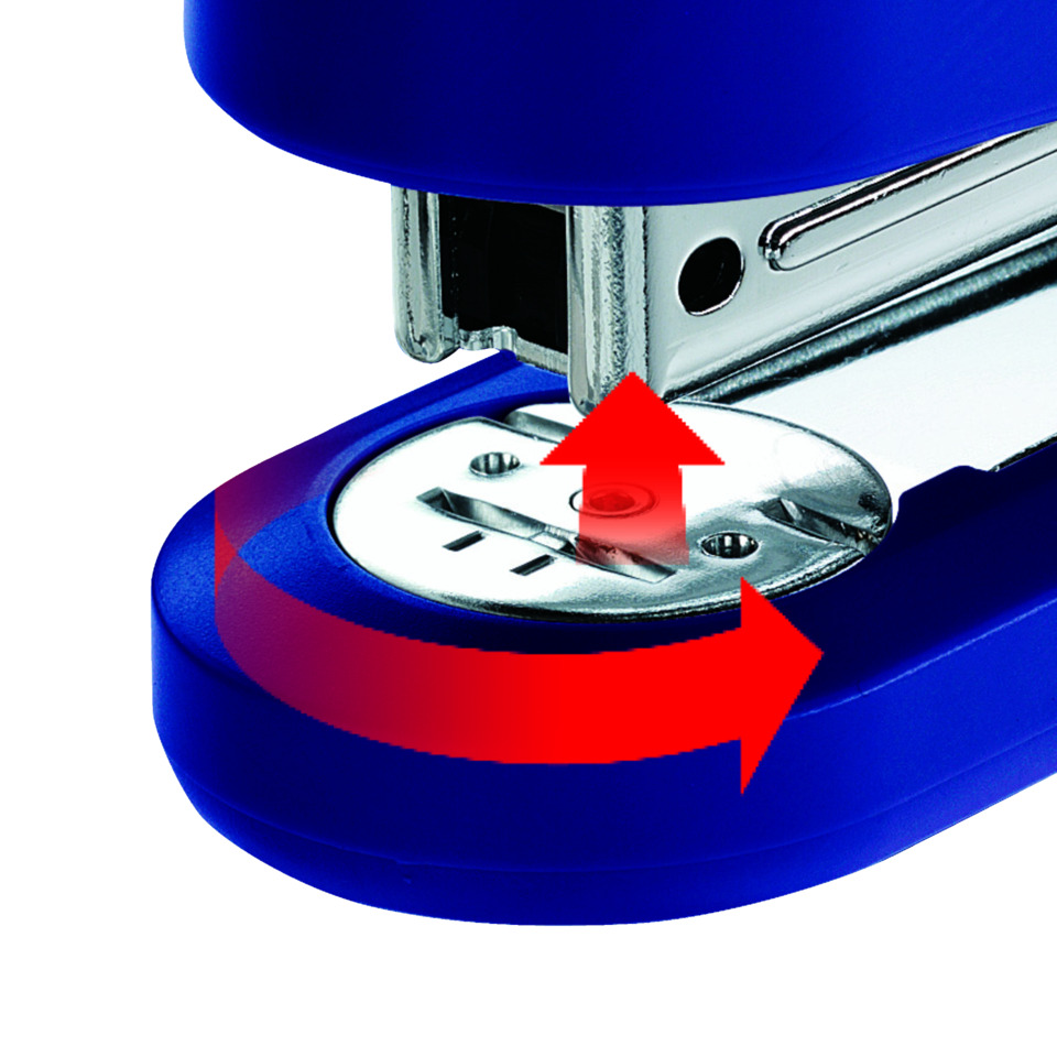 stapler, rohrkappe, klemme?, mechanisch, blau, metall, roter Pfeil
