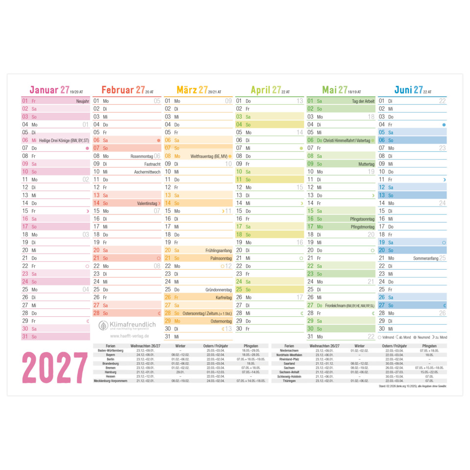 Kalender, Wandkalender, Jahreskalender, Maße, 2027