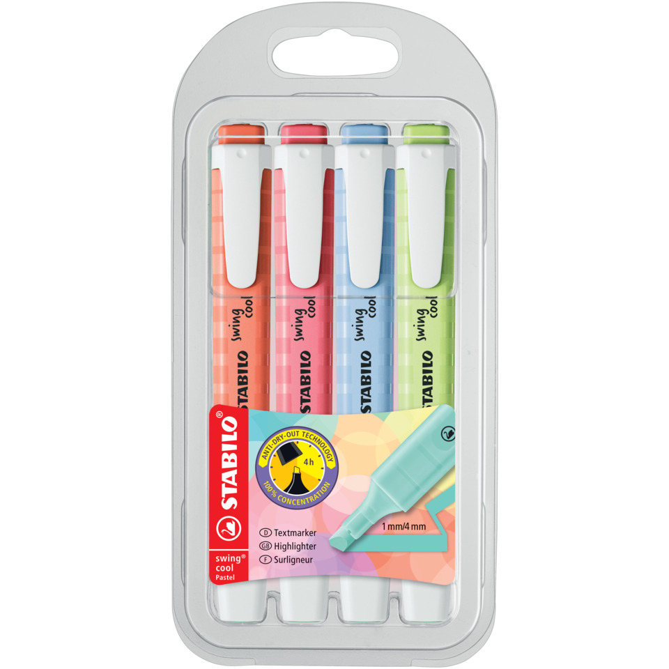 Kunststoffstifte, Textmarker, 4er-Set, Pastellfarben, Kappe weiße, highlighter, textmarker, pastel, set, 4mm