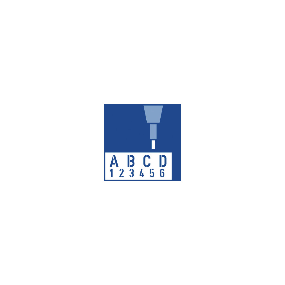 barcode, exclamation, blue square, letters, numbers