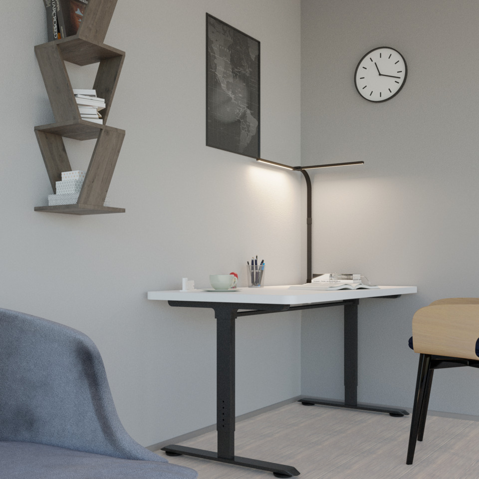 Schreibtisch, Arbeitszimmer, LED-Lampe, Wandregal, Uhr