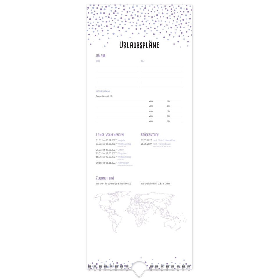Planer Kalender, Urlaubsplan, Wandkalender, Punktmuster, Weltkarte