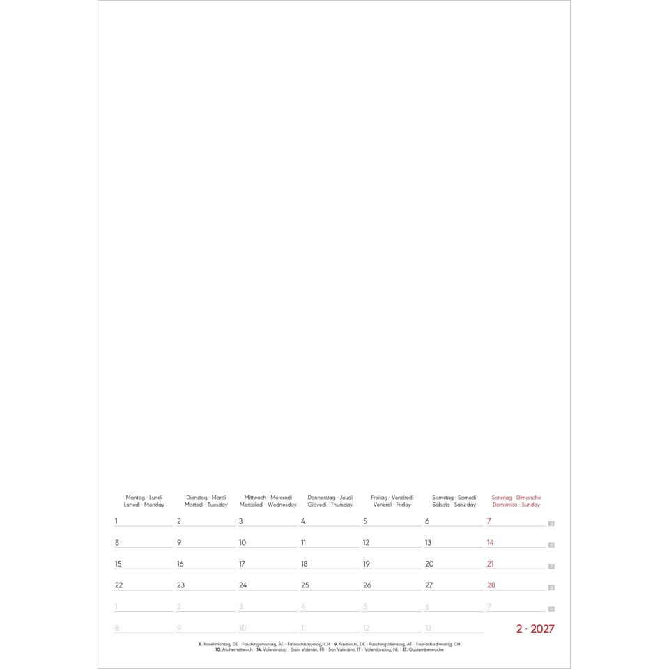 Kalender, Wandkalender, Monatskalender, Datensatz, Jahr 2027