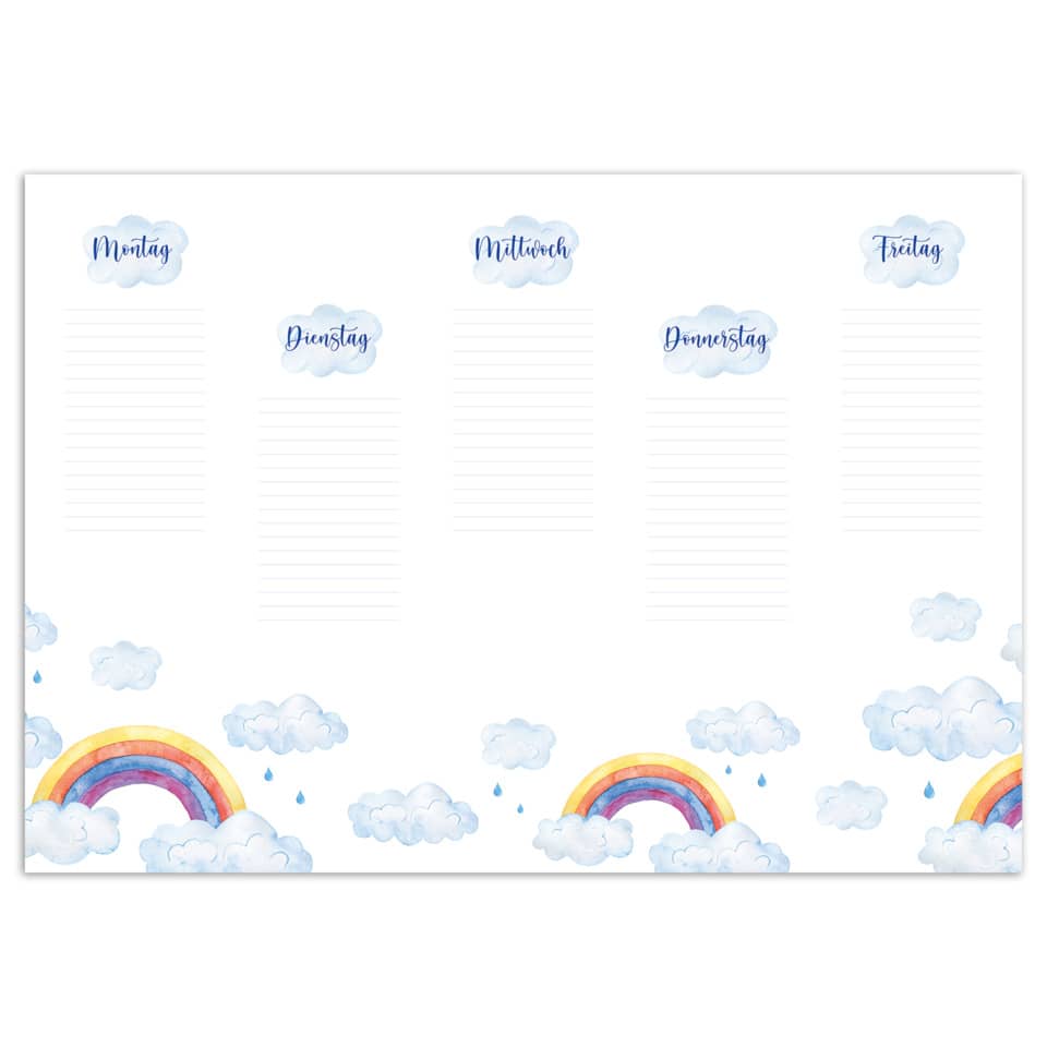 Wochentage-Planer, Kalenderseite, Wochentage, Pastellwolken, Regenbogen-Design