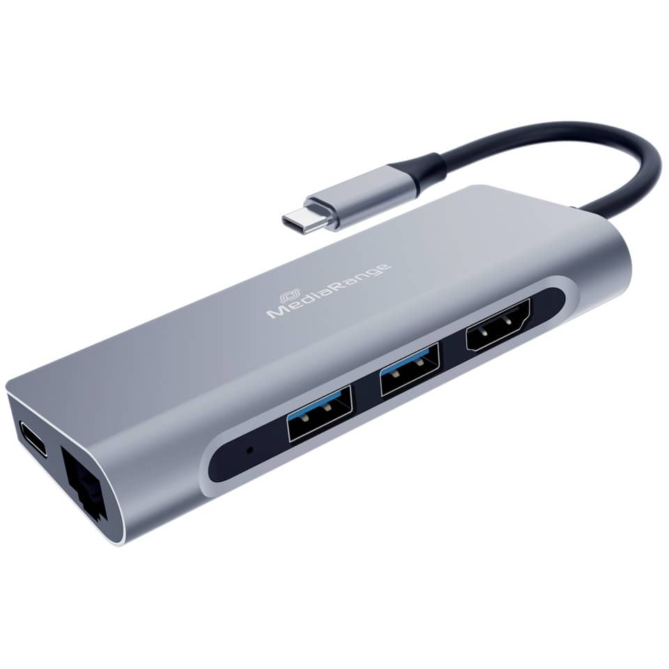 USB-C-Hub, Ethernet-Port, HDMI-ähnlich?, USB-A-Anschlüsse, Aluminium, Silber, Multiport-Adapter, Reise-Hub, Type-C