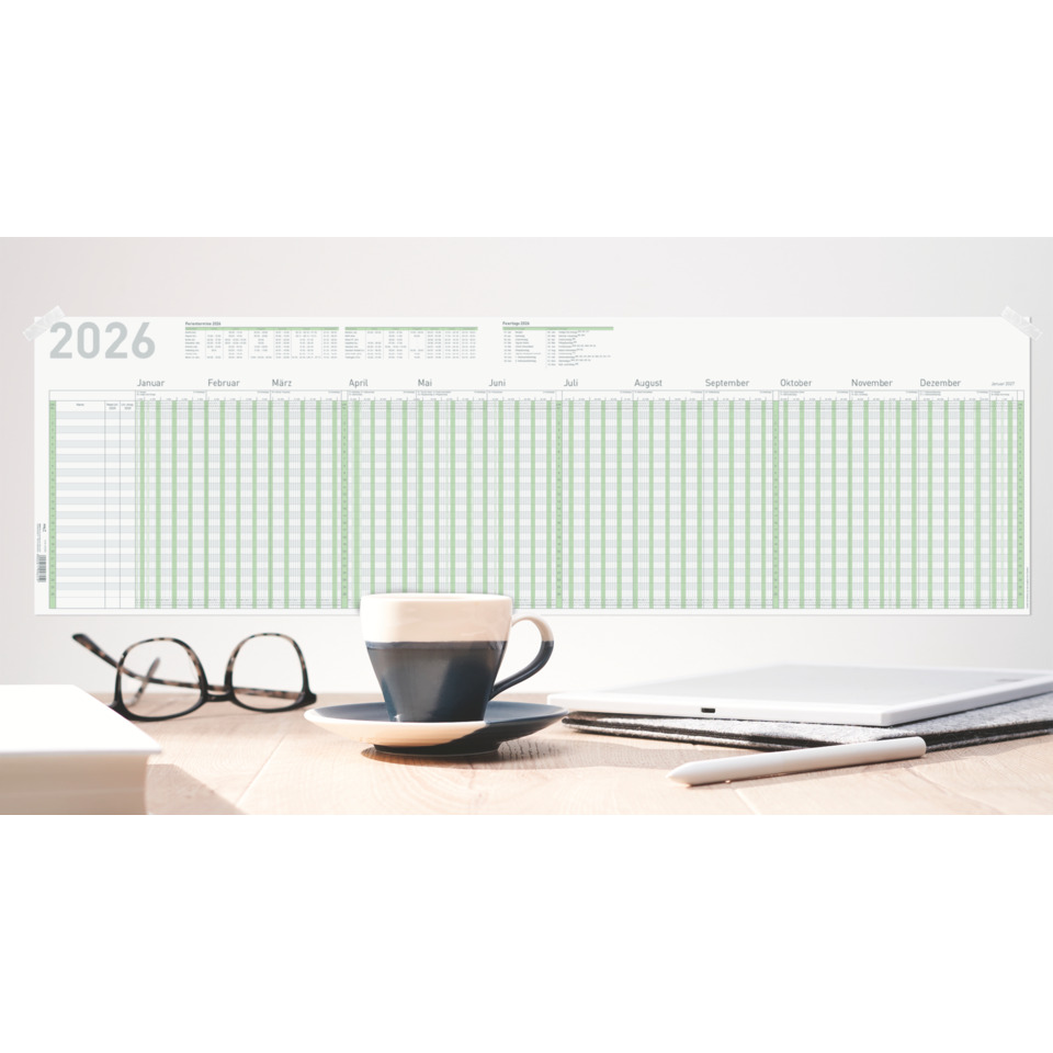 Kalender 2026, Tischuhr, Kaffee tasse, Brille, Schreibgerät
