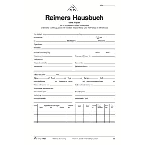 Hauskontobuch Reimers Hausbuch, 1 Jahr bis 60 Mieter, A4, 6 Blatt RNK 536