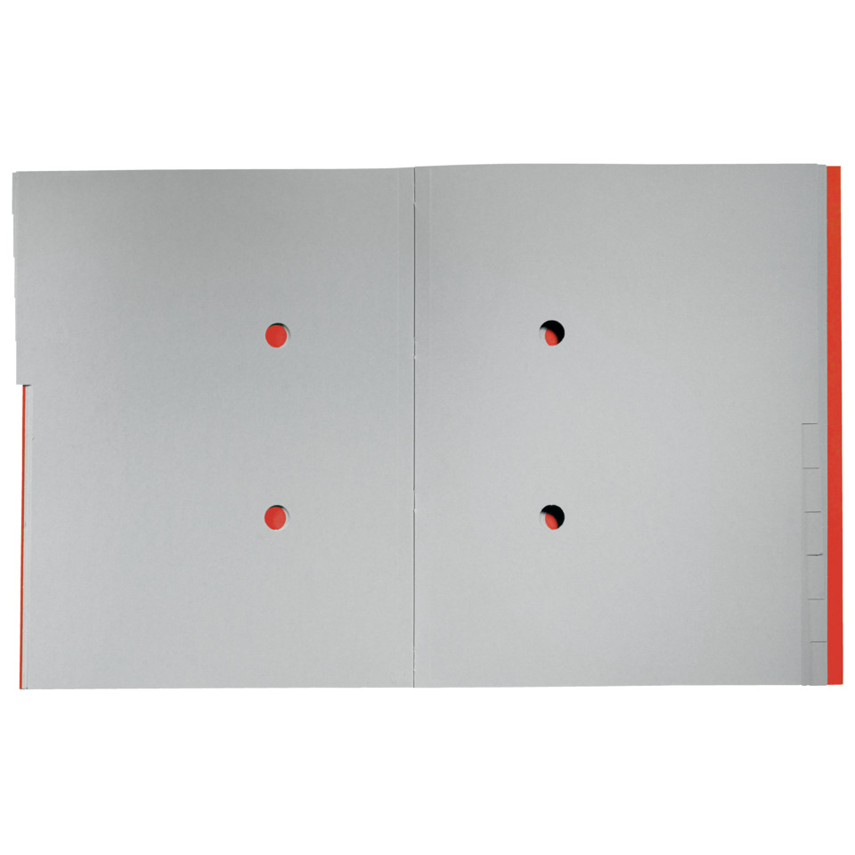 offenes Notizbuch, graue Seiten, Lochungen, Doppelseiten-Layout, rote Kante, Ordner, Ordner mit zwei Lochungen, grauer Deckel, Zwei Lochung, rote Randseiteneinlage