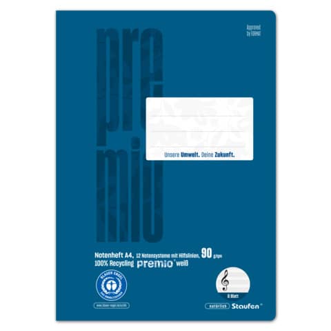 Notenheft Premio, DIN A4, LIN 12 Notensysteme + Hilfslinien, 8 Blatt STAUFEN PREMIO 040790015