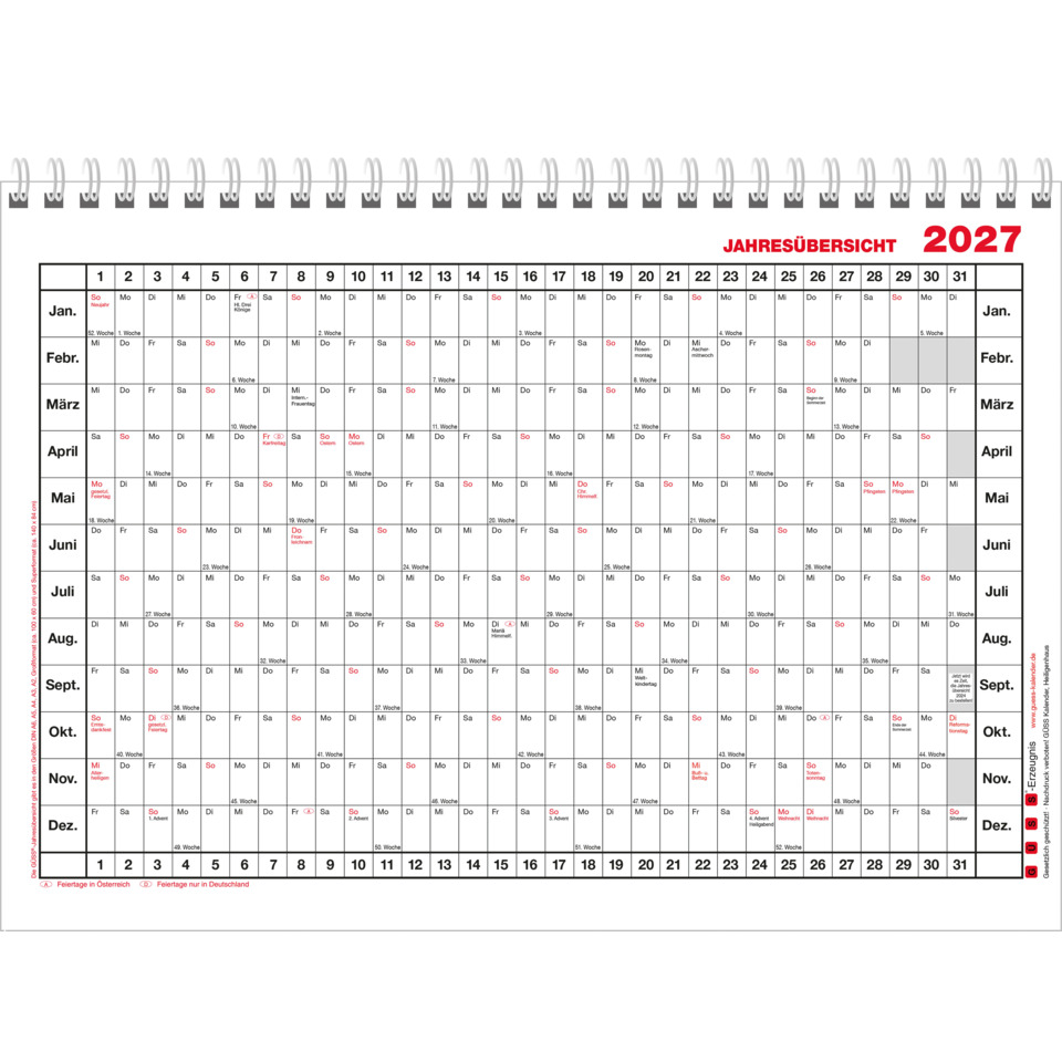 Kalender, Jahreskalender, 2027, Wandkalender, Spiralbindung