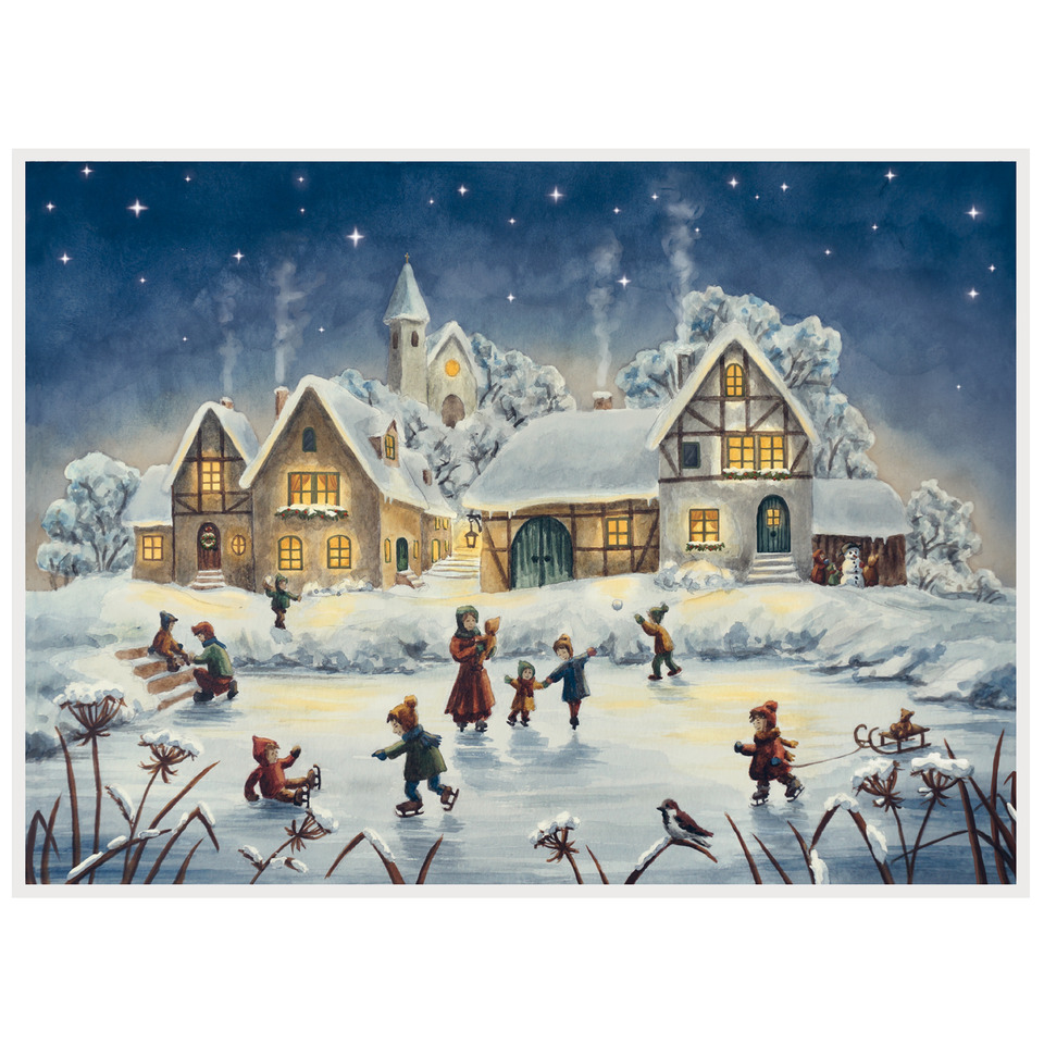 Winterszene, Eisfläche, Kinder beim Eislaufen, Dorfhaus, Schneelandschaft