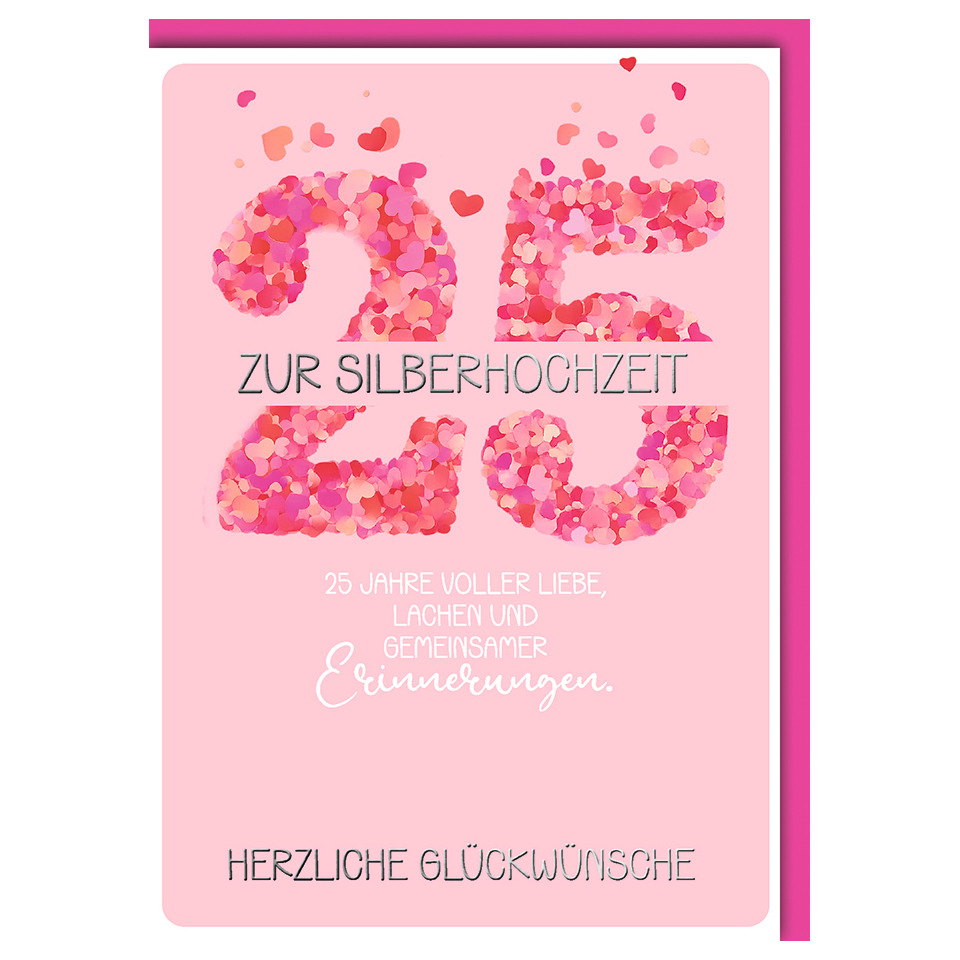 pinke karte, silberhochzeit, herzchen blüten, deckblatt karte, glückwünsche