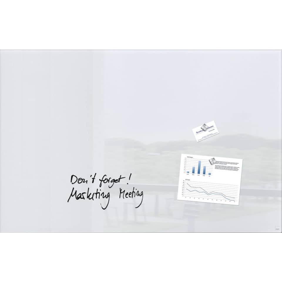 office visual, marketing chart, glossy white board, stickers, handwritten note