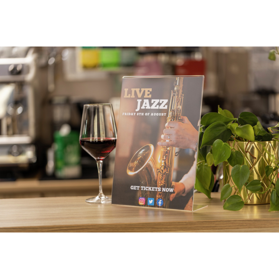 Jazz-Poster, Live-Jazz, Saxophone, Weinglas, Pflanzen Topf