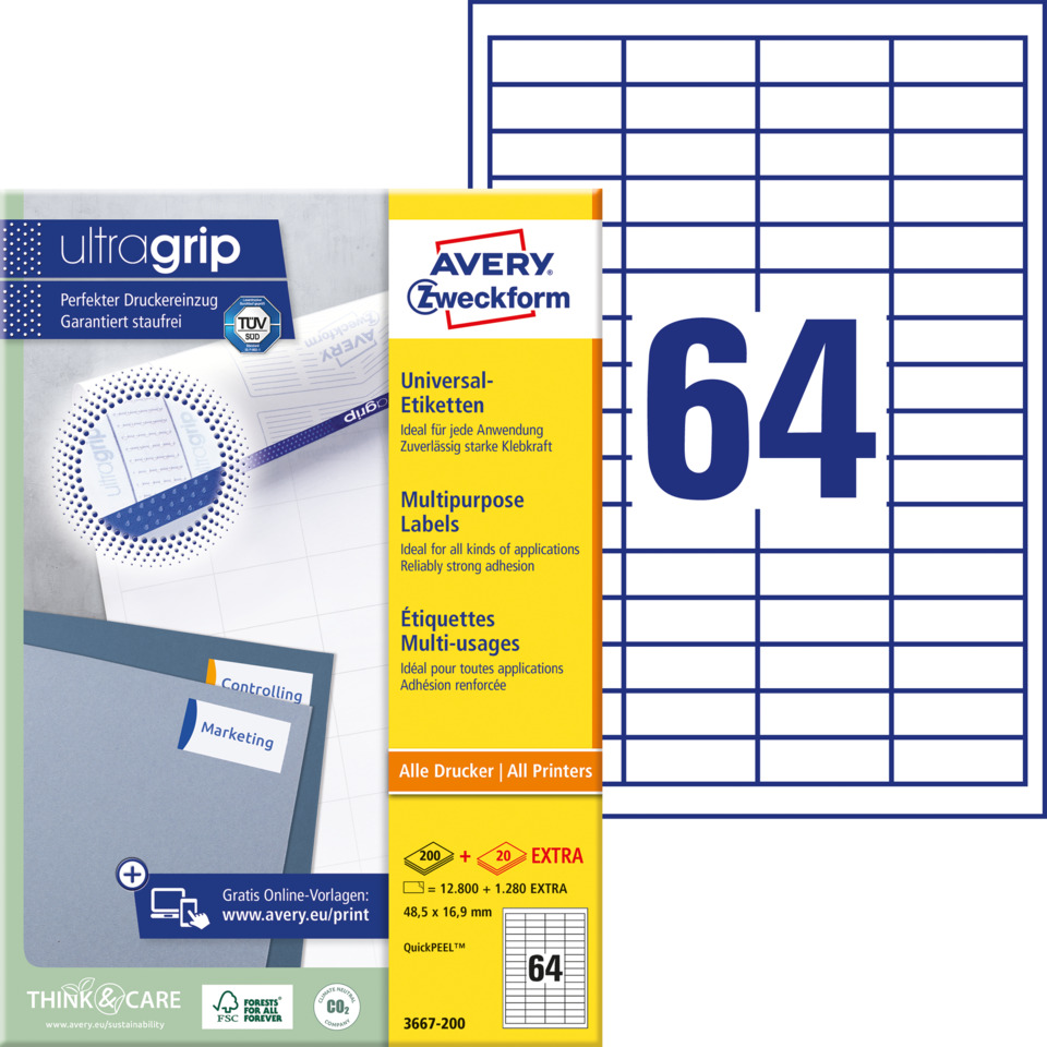 Etiketten, Universaletiketten, Klebekraft, Druckerbedarf, Avery 64, Druckerpapier, Multifunktionsetiketten, Universaletiketten, Klebeband, Avery 64-Blatt
