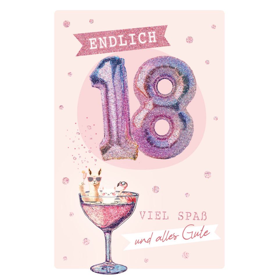 18, Geburtstag, Glitzer, Rosa, Ballon, Glas, Sekt, Funkeln, Illustration, Grußkarte