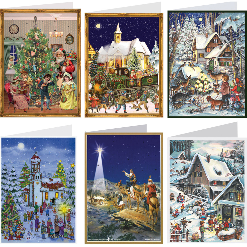 Adventskalender, Weihnachtsbild, Winterlandschaft, Weihnachtsmann, Kindergruppe
