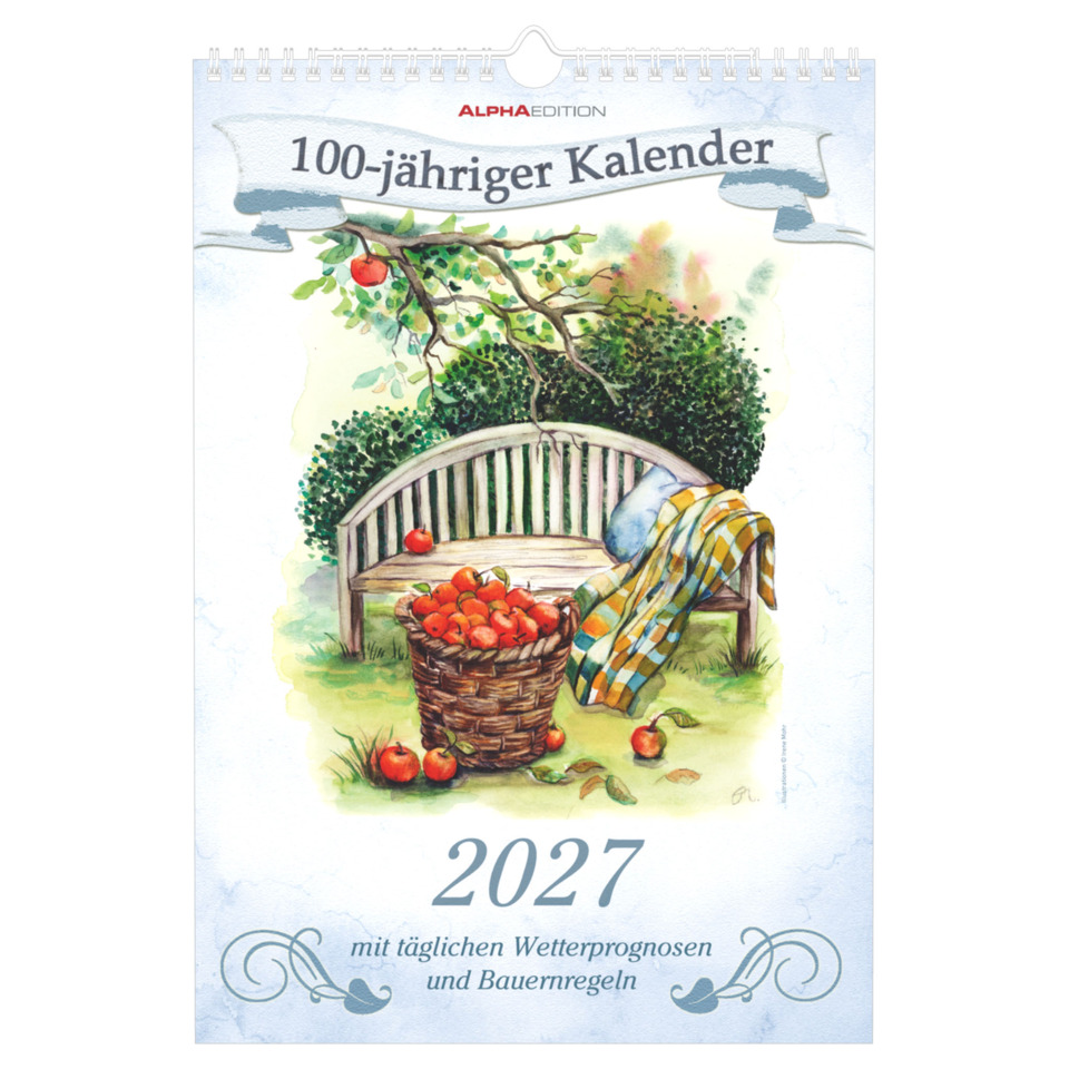 kalender, bildkalender, herbst, korb mit äpfeln, bank im garten