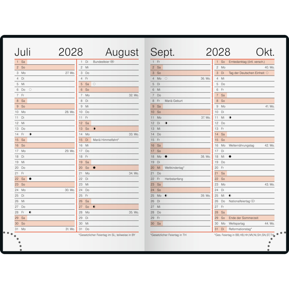 Kalender, Wandkalender, Juli, August, September, 2028, Zwei-Seitenkalender, Layout, Gitter, Rosa Akzente
