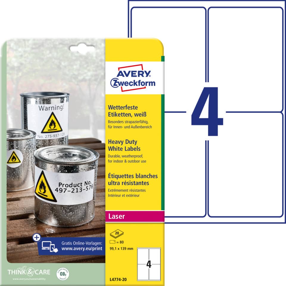 Etiketten, Weiße Etiketten, Heavy Duty, Laser, Aufkleberpackung