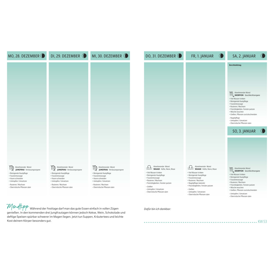 Kalender, Wochentage-Planer, Zeitplan, A4, Minzgradiert