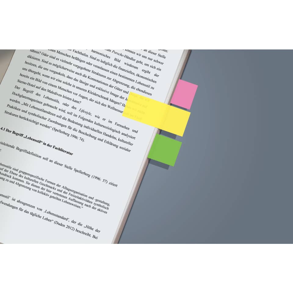 Buch, offenes Buch, Papier, Textmarker, Notizzettel