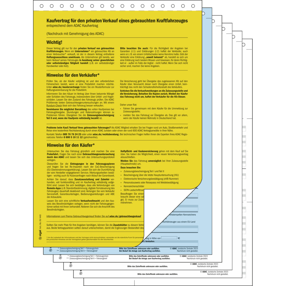Kaufvertrag, Kauft erklärt, Kraftfahrzeug, Vertragsformular, ADAC