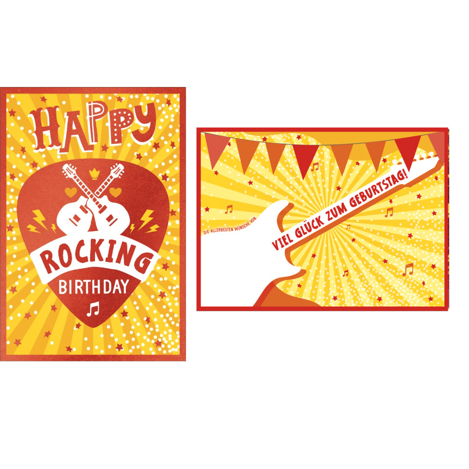 Birthday card, Guitar motif, Rocking, Bright yellow, Music notes