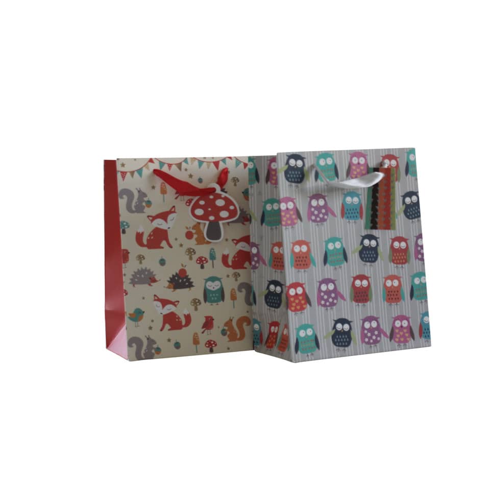 Geschenktüte, Mustertüte, Eulenmuster, Pilzmotiv, Bunte Tasche