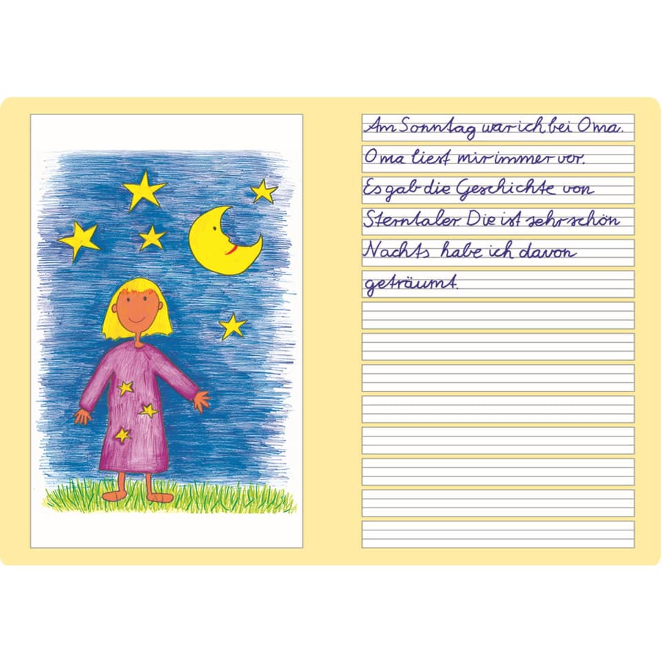 Kinderzeichnung, Nachthimmel, Mond, Sterne, Kleidung