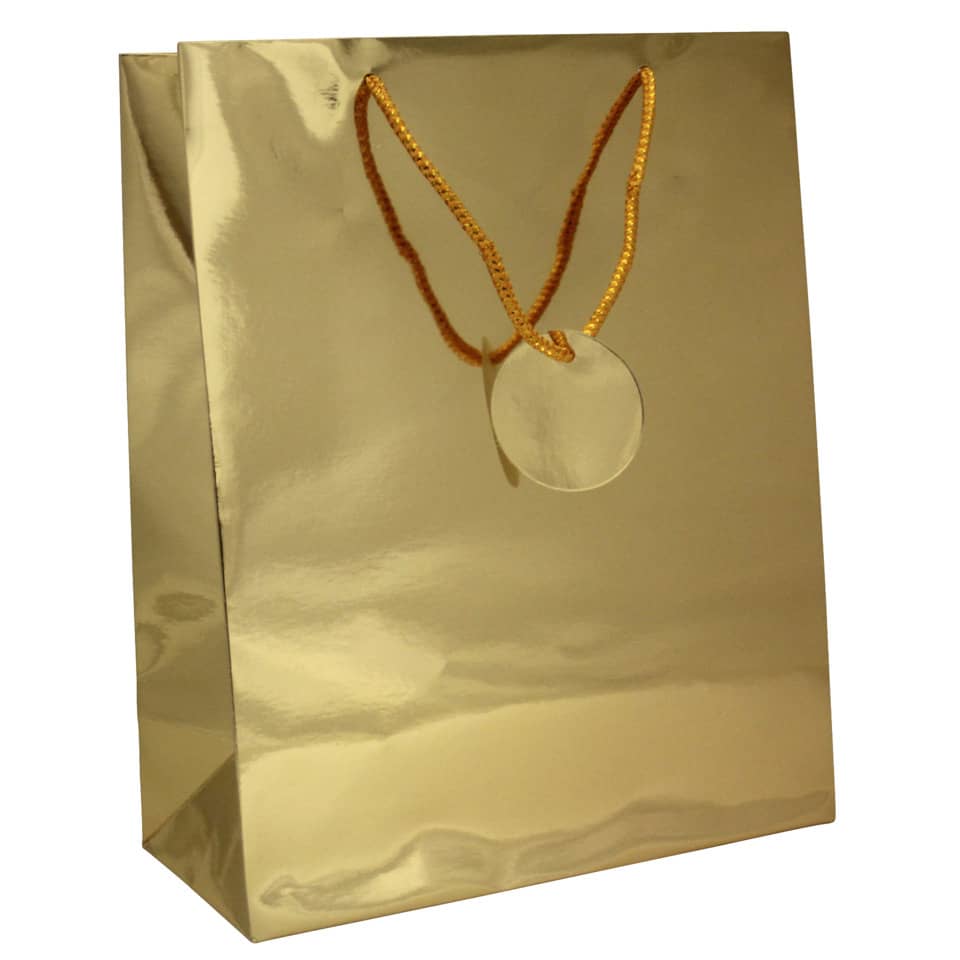 golden bag, geschenktüte, einkaufstüte, runder anhänger, kordelhenkel