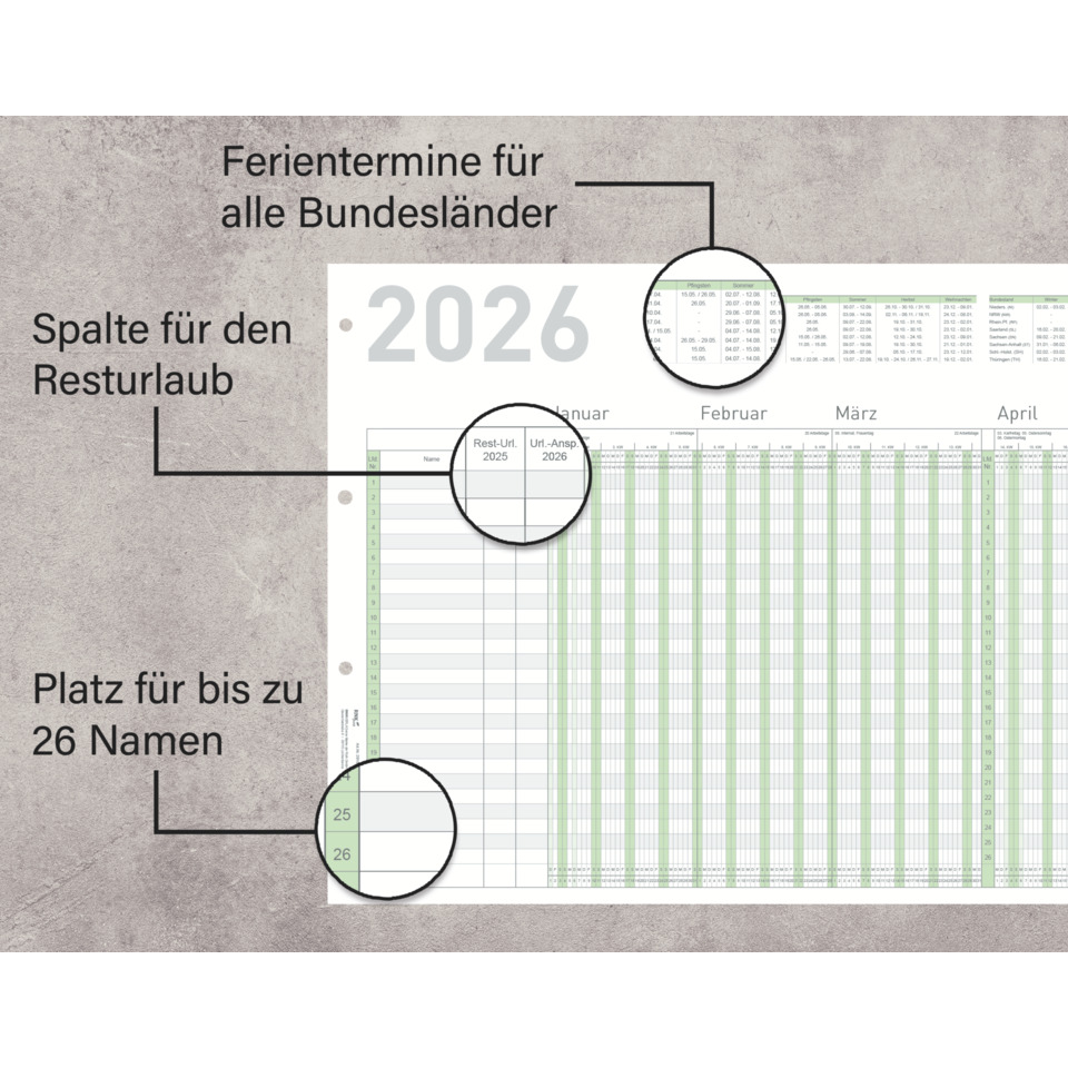 Kalender, Jahresplaner, Tabelle, Resturlaub, Monatsübersicht