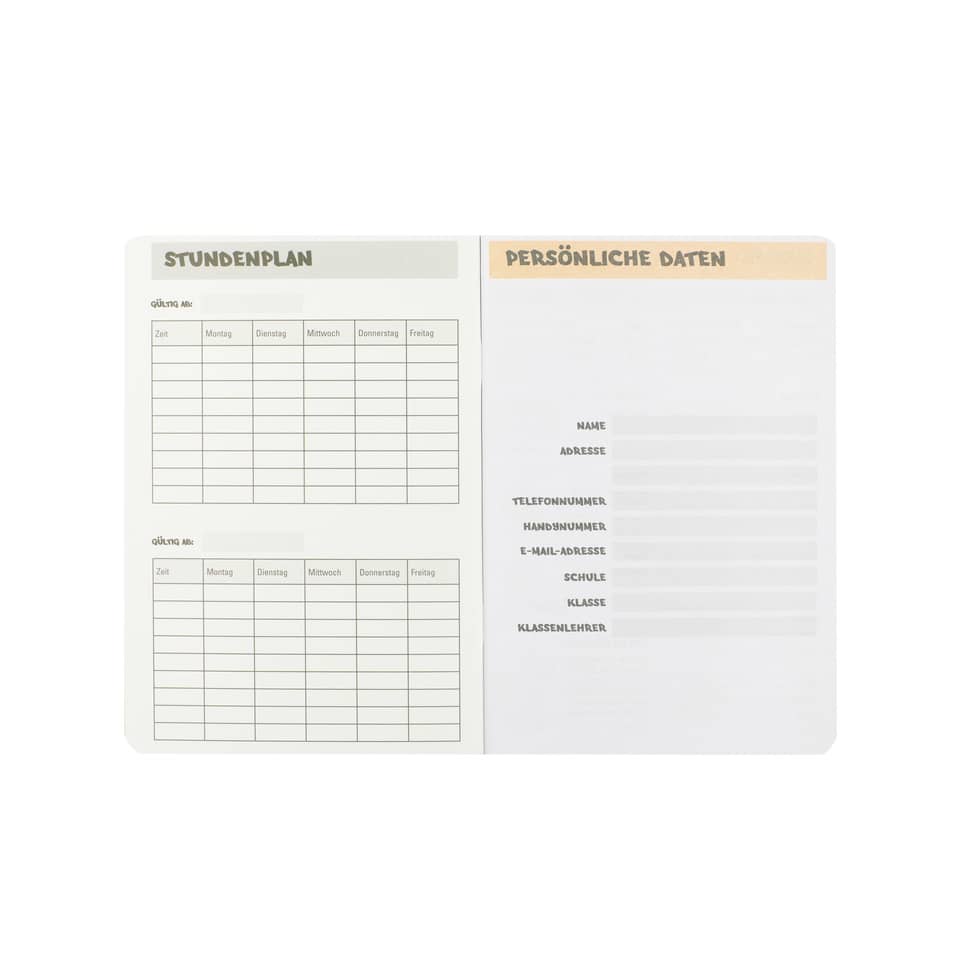 Stundenplan, Personalien, Notizblock, Schulheft, Notizbuch