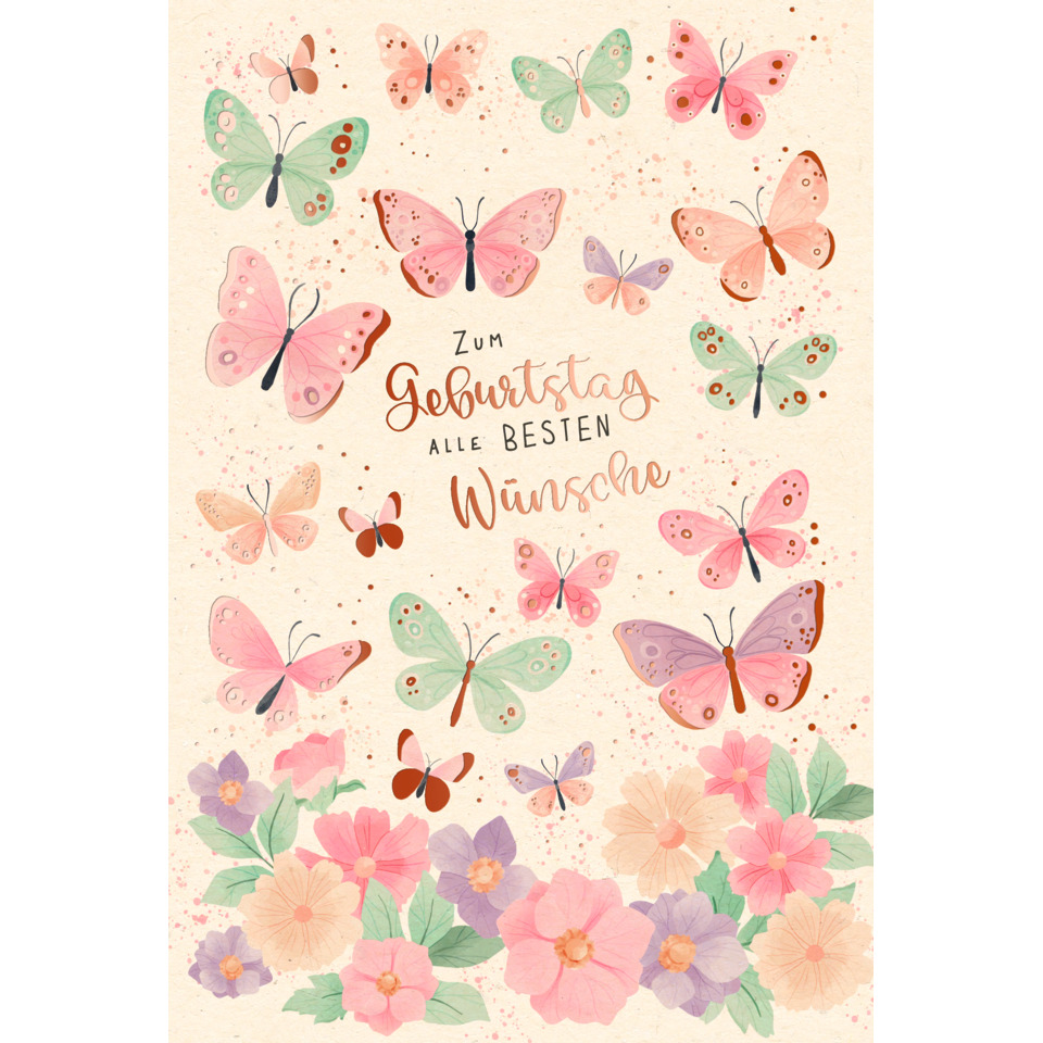 karte, geburtstag, blumen, schmetterlinge, rosenfarben