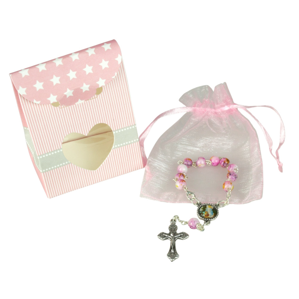Armbänder, Jesuskreuz, Perlenkette, Rosenkranz, Geschenkverpackung pink