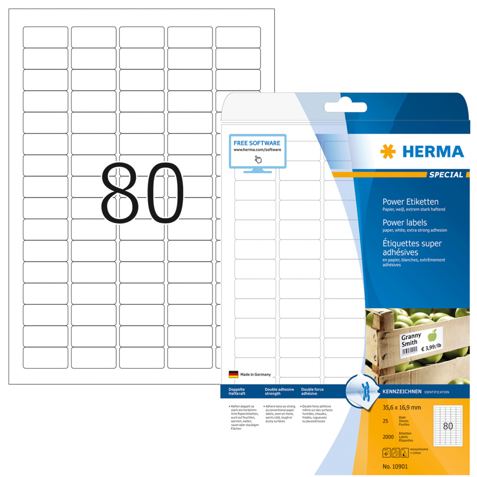 Klebepunkt, Etiketten, 80er Raster, Poweretiketten, Herma, Strometiketten, Aufkleberbögen, Etikettenblätter, Selbstklebende Etiketten, 80 mm