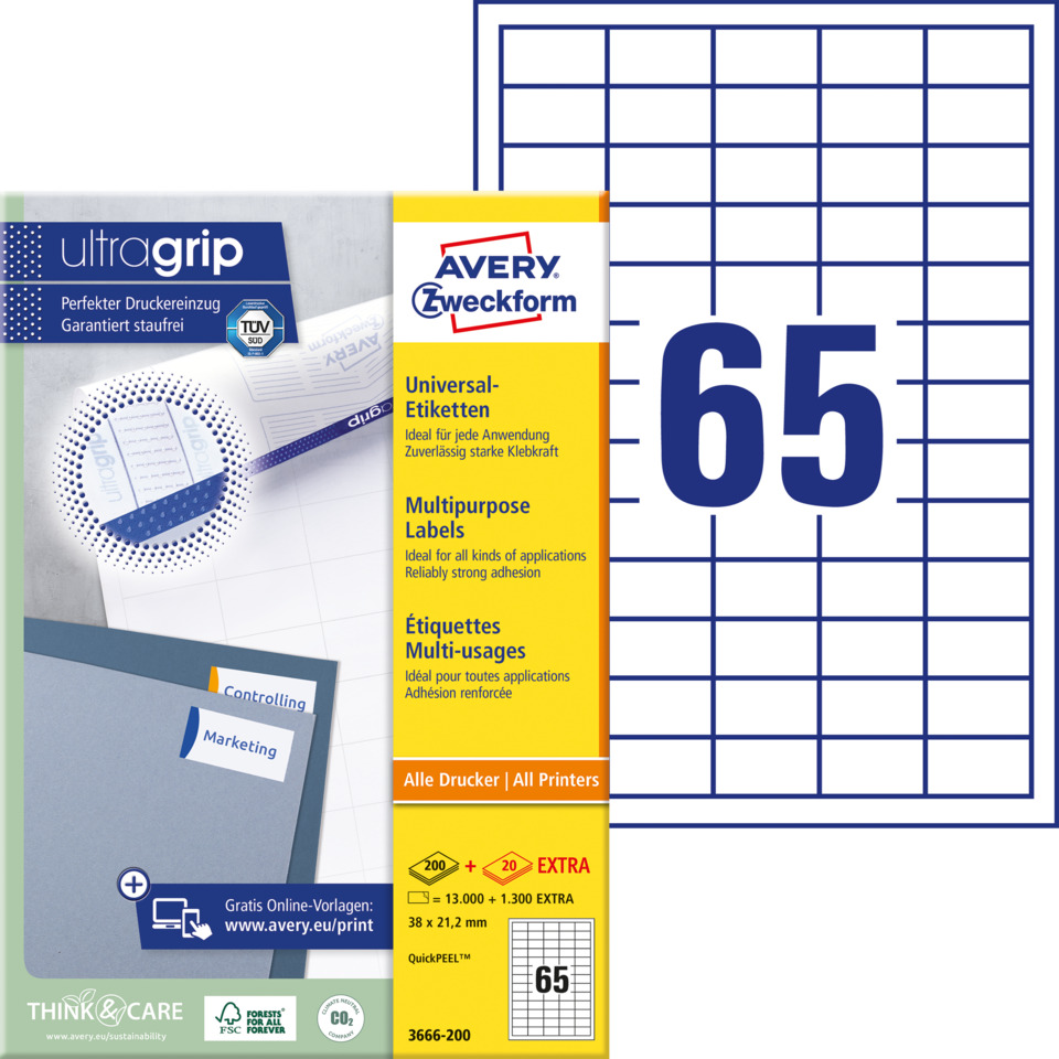 Etiketten, Druckerpapier, Labels, Avery, 65 grid
