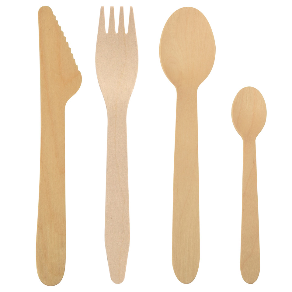 Holzbesteck, Kompaktset, Gabel, Löffel, Schnittbesteck