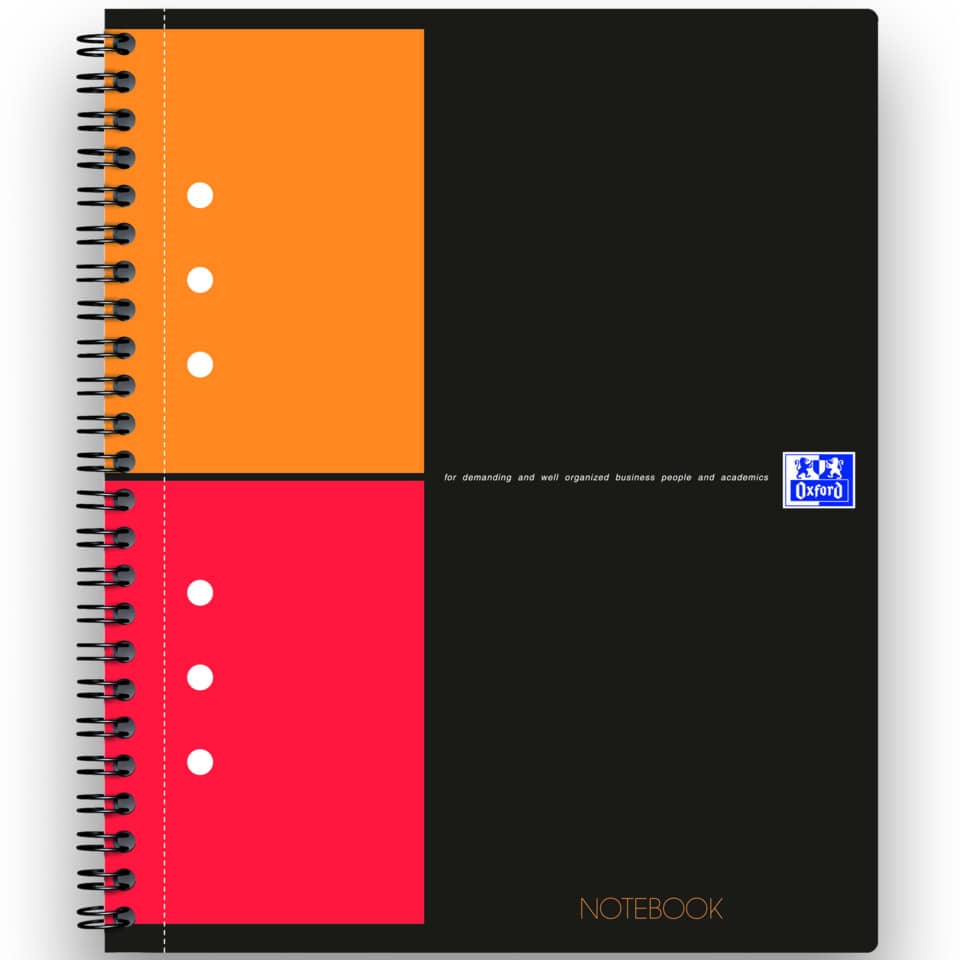 notebook, spiral-bound, orange panel, red panel, black cover